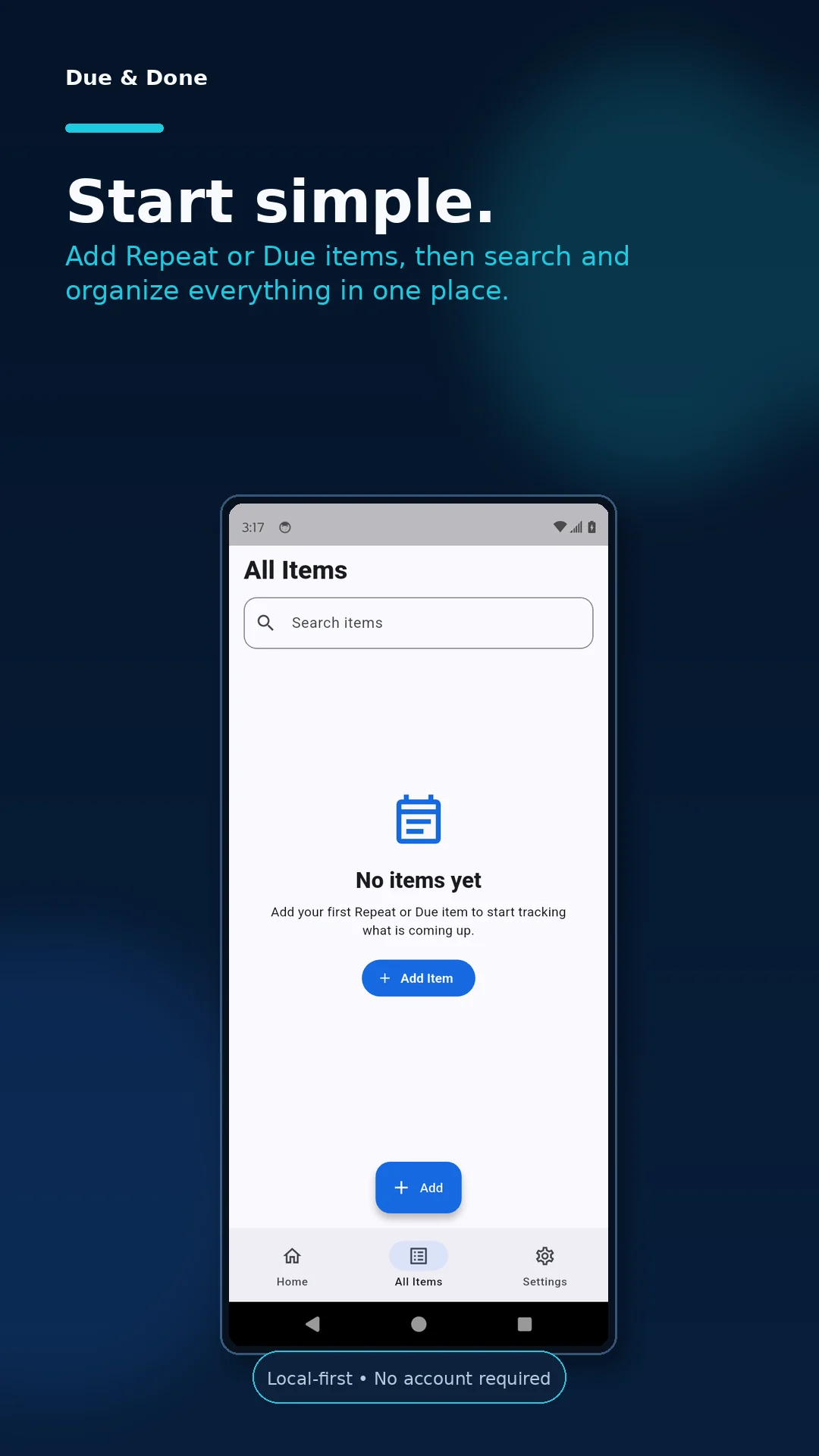 Due & Done All Items screen with search and item management