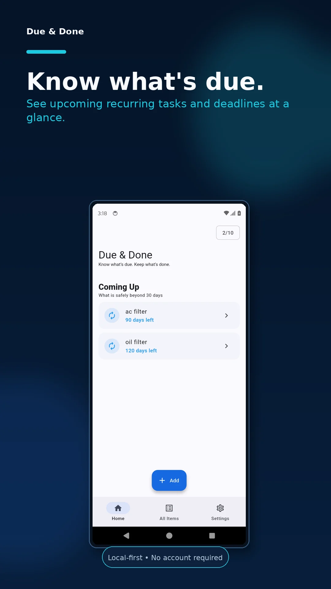Due & Done app showing upcoming recurring tasks and due dates